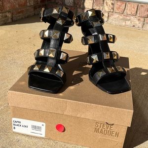 Steve Madden Capri Black Leather Studded Sandal Heels Size 8